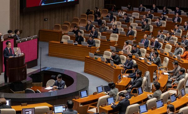 국민의힘 장동혁 대표가 4일 국회에서 열린 2월 임시국회 본회의에서 원내교섭단체 대표 연설을 하고 있다.