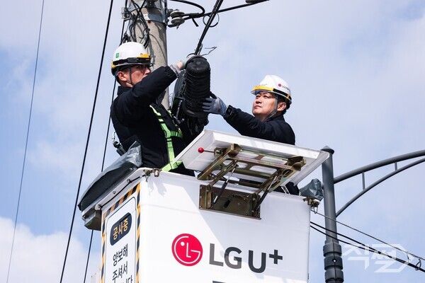 홍범식 LG유플러스 CEO가 서울 마포구에 위치한 통신 설비 점검 현장에서 버킷 차량에 탑승, 5m&nbsp;높이의 광접속함체를 점검하는 모습. [LG유플러스]