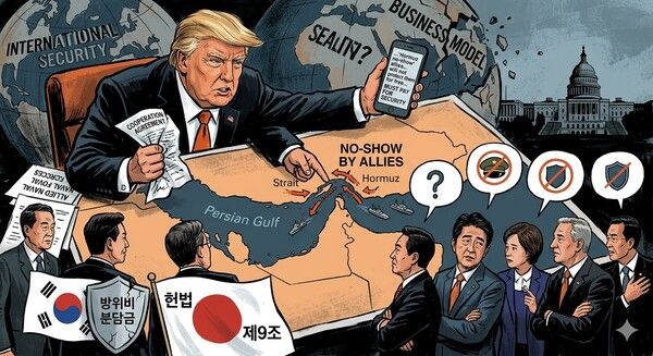 도널드 트럼프 미국 대통령이 17일(현지시간) 이란 작전의 요충지인 호르무즈 해협 파병 요청을 거절한 동맹국들을 향해 “더 이상 도움은 필요 없다”며 전례 없는 분노를 쏟아냈다. [제미나이·안중열 기자]