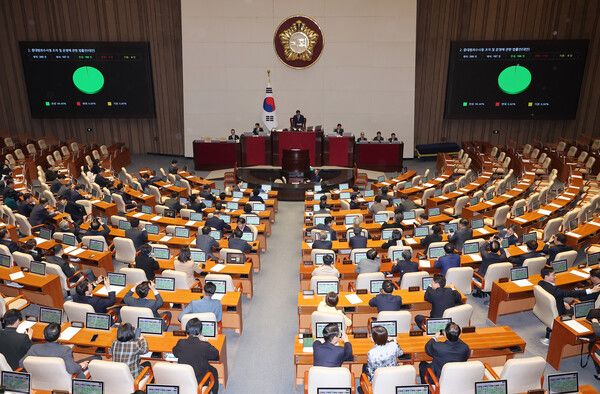 국회 본회의장에서 21일 중대범죄수사청 조직 및 운영에 관한 법률안(대안)이 여권 주도로 통과되고 있다. [연합뉴스]
