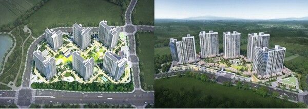 고덕국제신도시 수자인풍경채 1,2단지 조감도, (좌)1단지, (우)2단지. [BS한양]