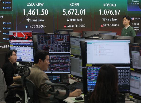 5일 서울 중구 하나은행 딜링룸 모습. [연합뉴스]