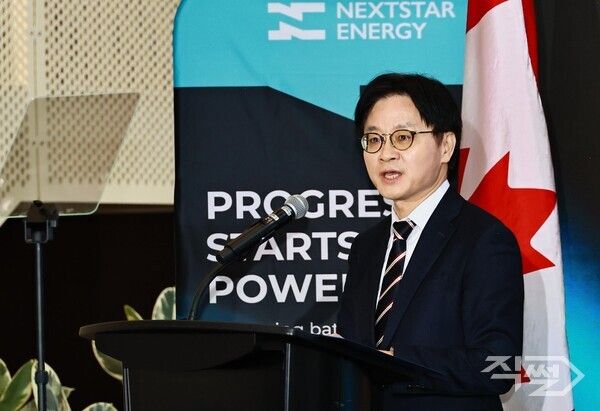 김정관 산업통상부 장관은 5일 (현지시간) 캐나다 온타리오주 윈저에서 LG에너지솔루션의 넥스트스타 에너지 배터리 공장 준공식에 참석해 축사했다. [산업통상부]