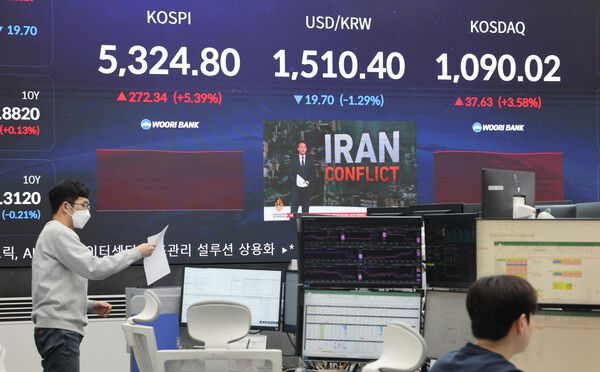 1일 오전 서울 중구 우리은행 본점 딜링룸 전광판에 코스피와 환율이 표시돼 있다. [연합뉴스]