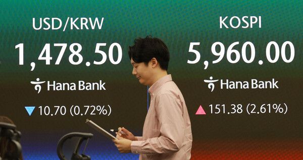 14일 서울 중구 하나은행 딜링룸 모습. [연합뉴스]