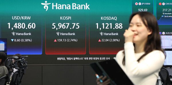 14일 서울 중구 하나은행 딜링룸 모습. [연합뉴스]