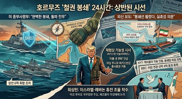 미국이 이란을 겨냥해 단행한 호르무즈 해협 해상 봉쇄 작전이 시행 하루를 넘긴 가운데, 작전의 실효성을 둘러싼 군 당국과 언론의 주장이 엇갈리고 있다. [제미나이·안중열 기자]