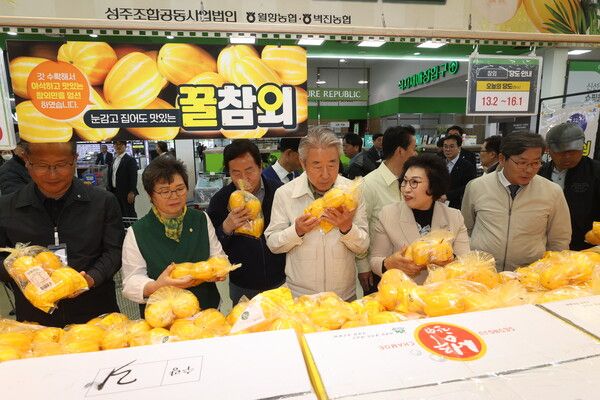 강호동 농협중앙회장(왼쪽에서 4번째)이 22일 서울 서초구 농협하나로마트 양재점에서 현장 상황을 점검했다. [농협중앙회]