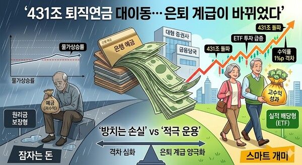 대한민국 퇴직연금 시장이 431조원이라는 전례 없는 자산 대양을 형성했으나, 가입자들 사이에서는 노후의 질을 둘러싼 명암이 극명히 엇갈리고 있다. [제미나이·안중열 기자]