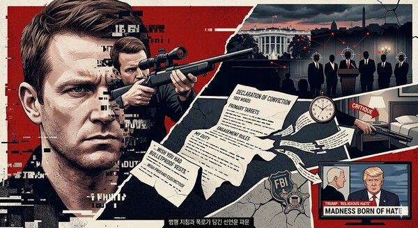 백악관 출입기자단 만찬장에서 총성을 울린 콜 토머스 앨런(31)이 범행 직전 자신의 행위를 정당화하고 타격 대상을 명시한 ‘범행 지침’까지&nbsp;유포했다. [제미나이·안중열 기자]