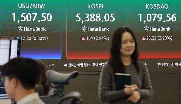 코스피가 상승 출발한 3일 오전 서울 중구 하나은행 본점 딜링룸 전광판에 코스피와 환율이 표시돼 있다. [연합뉴스]