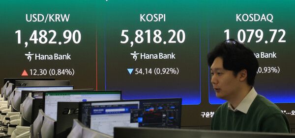 9일 서울 중구 하나은행 딜링룸 모습. [연합뉴스]