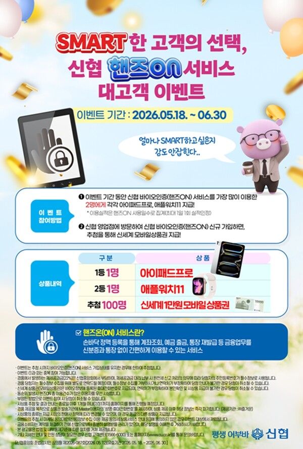 신협중앙회가 신협 '핸즈온(ON)' 서비스 신규가입자 및 우수 이용자를 대상 이벤트를 진행한다. [신협]