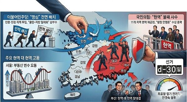 6·3 지방선거를 30일 앞두고 17개 광역지자체장의 대진표가 확정되면서 여야의 사생결단식 본선 레이스가 막을 올렸다. [제미나이·안중열 기자]