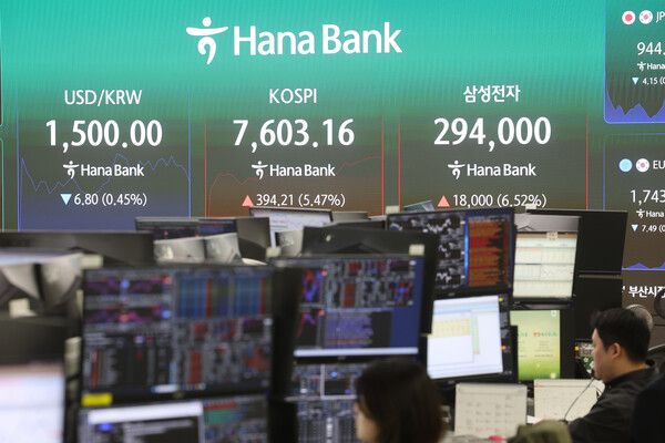 21일 서울 중구 하나은행 딜링룸 모습. [연합뉴스]