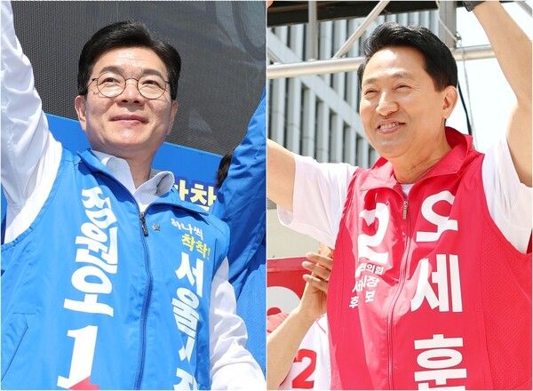 23일 정원오 더불어민주당 서울시장 후보가 서울 서대문구 홍제동 일대에서(사진 왼쪽), 오세훈 국민의힘 서울시장 후보가 강서구 발산역 인근 광장에서(사진 오른쪽) 각각 유세하고 있다. [연합뉴스]