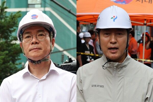 지난 26일 발생한 서소문 고가 붕괴사고 현장 찾은 더불어민주당 정원오 서울시장 후보(왼쪽)와 국민의힘 오세훈 서울시장 후보. [연합뉴스]
