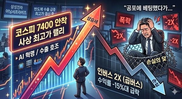 국내 증시가 유례없는 대세 상승장에 진입하며 ‘코스피 7400 시대’를 현실화하자, 하락장을 예상하고 ‘인버스’에 베팅했던 투자자들의 고심이 깊어지고 있다. [제미나이·안중열 기자]