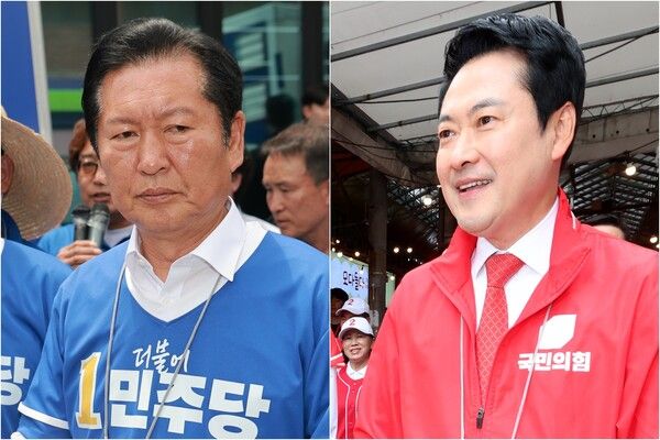 더불어민주당 정청래 총괄상임선거대책위원장(왼쪽)이 1일 충북 괴산군 자갈자갈 공동체센터 앞에서 지원 유세 연설을 마치고 유세차에서 내려와 있는 모습과 국민의힘 장동혁 대표가 1일 제주시 동문시장을 찾아 유권자들에게 지지를 호소하고 있는 모습. [연합뉴스]