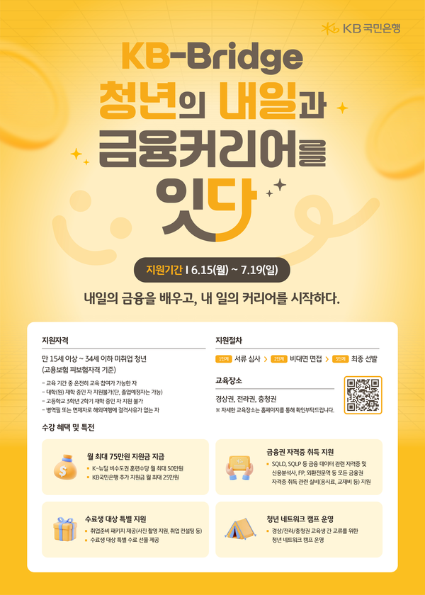KB국민은행은 다음달 19일까지 금융권 취업을 희망하는 비수도권 청년을 대상으로 청년 취업 지원 프로그램 ‘KB-Bridge’ 교육생을 모집한다고 17일 밝혔다. [KB국민은행]