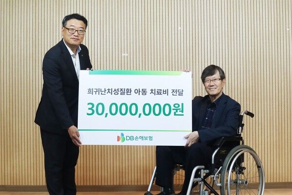 지난 28일 서울 서대문구 연희동 한국희귀난치성질환 연합회에서 장용준 DB손해보험 실장(왼쪽)과 유지현 한국희귀난치성질환 연합회장이 전달식을 갖고 기념촬영을 하고 있다.[DB손해보험]