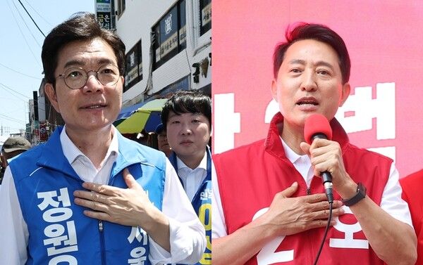 유세 나선 민주당 정원오·국민의힘 오세훈 서울시장 후보. [연합뉴스]