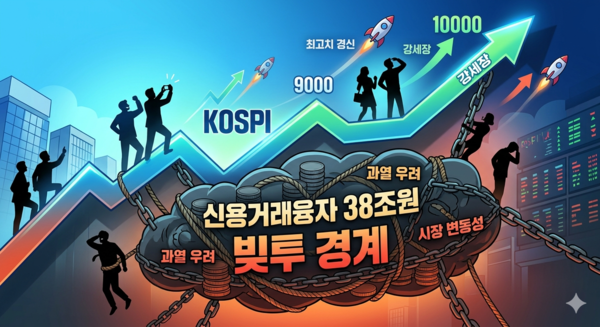코스피가 9000선을 돌파한 가운데 주식 투자 자금을 빌려 투자하는 이른바 ‘빚투’가 급증하고 있다. [제미나이·이연주 기자]