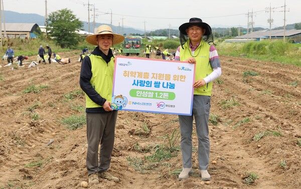 박병희 NH농협생명 대표이사(오른쪽)가 지난 22일 황진환 서울잇다푸드뱅크 센터장(왼쪽)과 쌀 기부 기념촬영을 하고 있다. [NH농협생명]