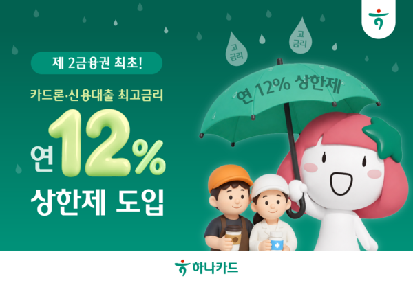 하나카드는 29일 카드론과 신용대출 상품에 대한 ‘최고금리 상한제(연 12%)’를 도입한다고 밝혔다.&nbsp; [하나카드]