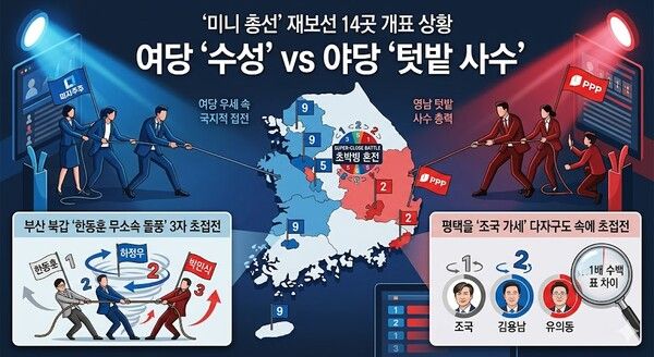 이재명 정부 출범 이후 첫 민심의 척도가 될 ‘6·3 국회의원 재보궐선거’ 개표가 진행 중인 가운데, 총 14개 선거구 중 대다수 지역에서 여당이 우세를 점하며 ‘정권 안정론’에 무게를 싣고 있다. [제미나이·안중열 기자]