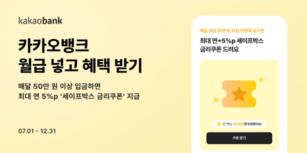 카카오뱅크는 월급을 입금하면 세이프박스 우대금리 쿠폰을 받을 수 있는 ‘월급 넣고 혜택 받기’ 이벤트를 1일부터 12월 31일까지 진행한다고 2일 밝혔다. [카카오뱅크]