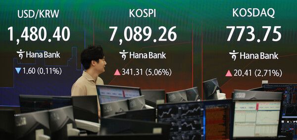 22일 서울 중구 하나은행 딜링룸 모습. [연합뉴스]