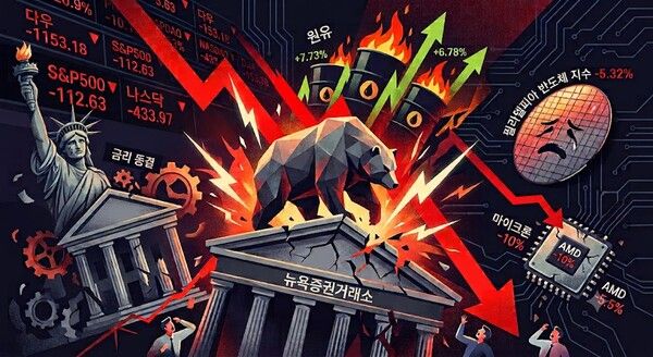 미 연방준비제도(Fed·연준)가 29일(현지시간) 기준금리를 동결하자 장기채 금리가 급등하고 국제 유가가 폭등하면서 뉴욕증시가 일제히 하락 마감했다. [제미나이·안중열 기자]