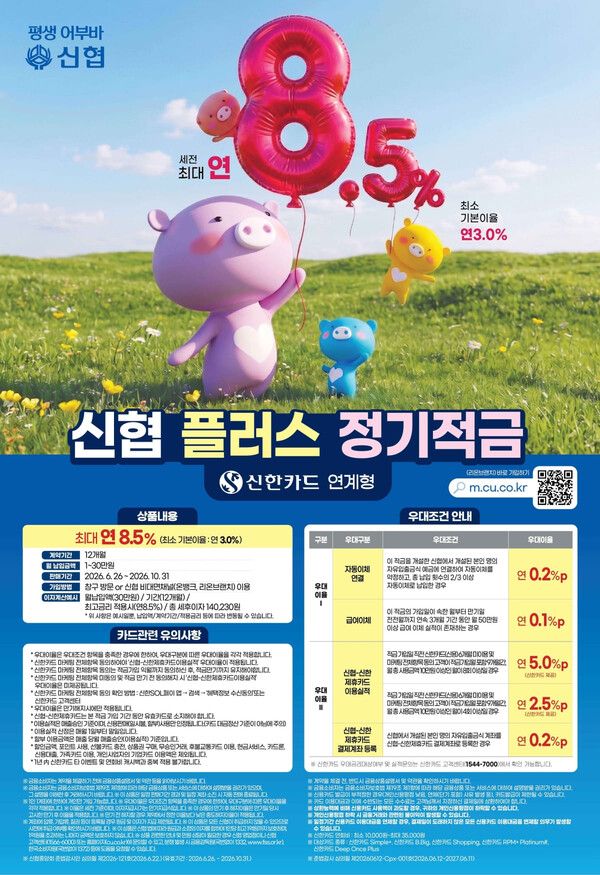 신협중앙회는 신한카드와 협력해 ‘플러스정기적금’ 10차 상품을 출시한다고 3일 밝혔다. [신협중앙회]