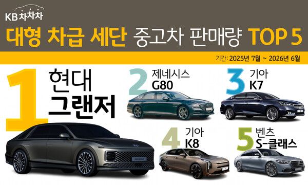 ‘KB차차차’가 지난해 7월부터 올해 6월까지 플랫폼에서 거래된 대형차급 세단 중고차 판매량을 분석한 결과. [KB캐피탈]