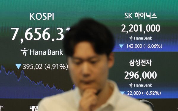 지난 7일 하나은행 딜링룸 모습. 코스피가 7600선으로 하락한 가운데, SK하이닉스와 삼성전자의 주가가 표시돼 있다. [연합뉴스]