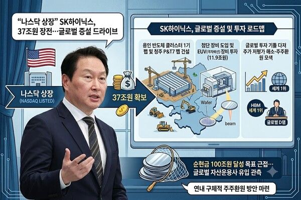 SK하이닉스가 10일 미국 나스닥 시장에 미국주식예탁증서(ADR)를 상장하고 37조원에 이르는 투자 자금을 확보해 세계 반도체 시장 주도권 굳히기에 나선다. [제미나이·SK그룹·안중열 기자]