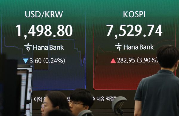 9일 서울 중구 하나은행 딜링룸 모습. [연합뉴스]
