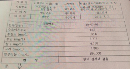 전라남도보건환경연구원이 발급한 수질 시험성적서. 시료명 '민원접수 수질(기타)', 채수일 2019년 7월 2일, 의뢰인 영암군수로 기재돼 있으며, 수소이온농도(pH) 12.8, 알루미늄 184.000mg/L, 총질소 100.6mg/L, 총인 8.774mg/L, 철 4.750mg/L, 구리 4.800mg/L 등의 수치가 명시돼 있다. [윤시현 기자]