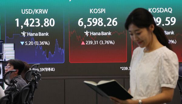 5일 서울 중구 하나은행 본점 딜링룸 전광판에 코스피, 코스닥지수가 표시돼 있다. [연합뉴스]
