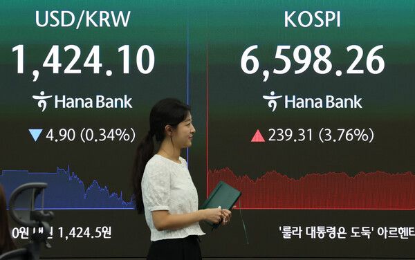 5일 서울 중구 하나은행 본점 딜링룸 전광판에 코스피지수, 환율이 표시돼 있다. [연합뉴스]