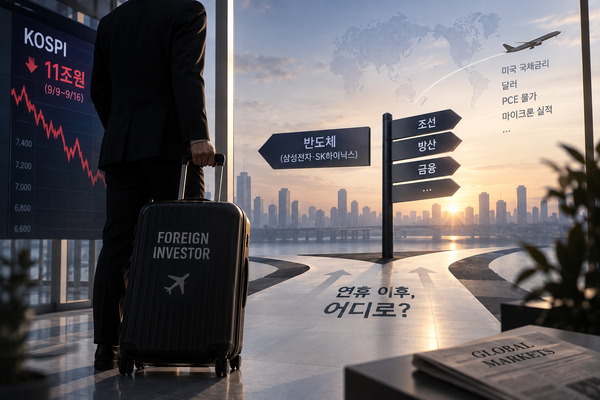 외국인 투자자의 국내 증시 매도 규모가 이달 들어 11조원을 넘어선 가운데 추석 연휴 이후 외국인 수급 향방에 관심이 쏠린다. [챗Gpt·이연주 기자]