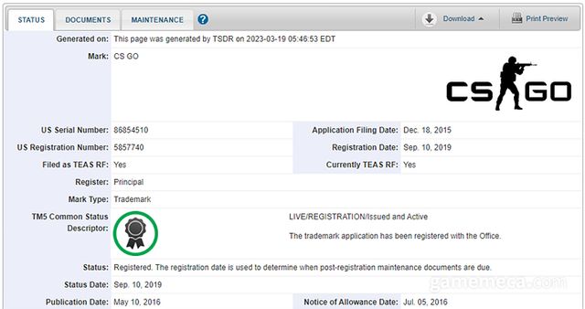 관계 상표로 등록된 CS:GO 상표 (자료출처: 미국 특허청)