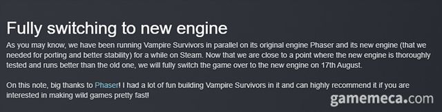 뱀파이어 서바이버 엔진 업데이트 (사진출처: 스팀 뉴스 페이지)