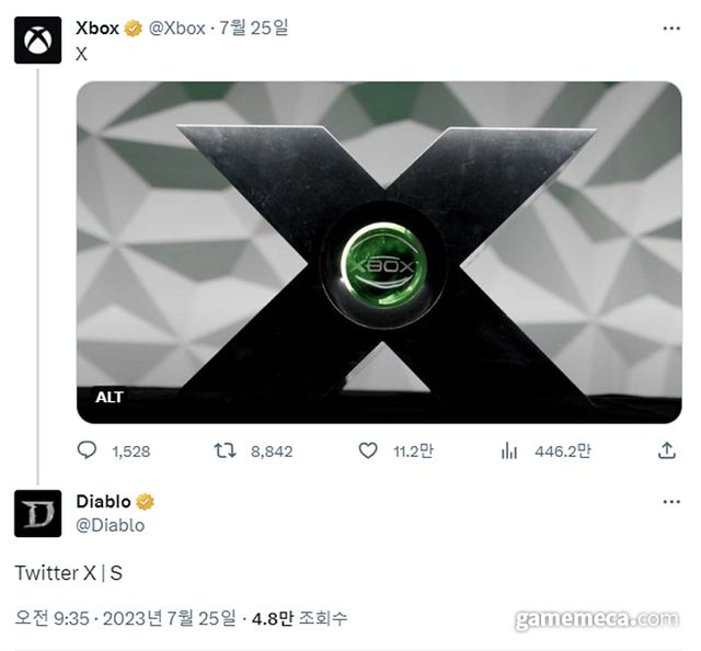Xbox 공식 트위터가 올린 'X' 사진과 그에 대한 디아블로 공식 트위터의 답글 (자료출처: 트위터)