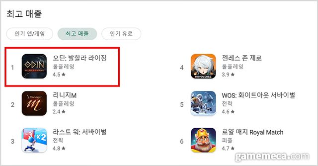 2024년 12월 24일 구글 플레이스토어 게임 매출 순위 (사진출처: 구글 플레이스토어)