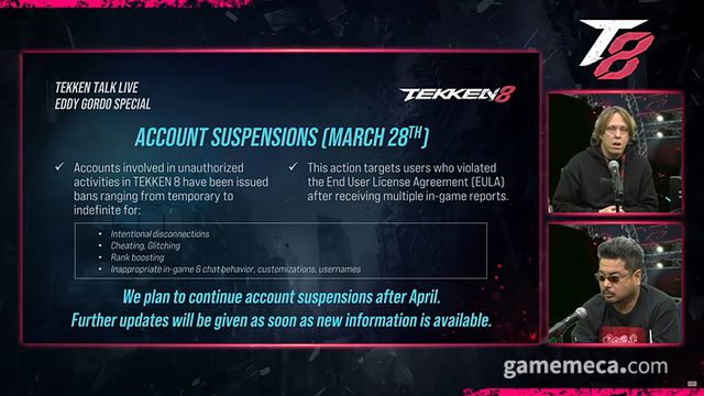 제재에 대해 설명하는 하라다 총괄 PD (사진출처: 철권 공식 유튜브 영상 갈무리)