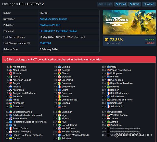 헬다이버즈 2 스팀 구매 차단 국가 일부 (자료출처: 스팀DB)