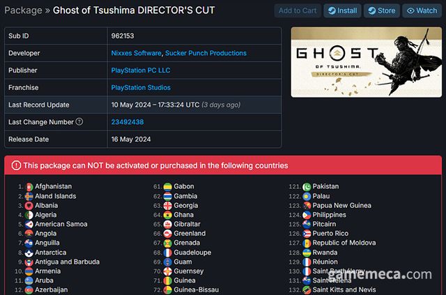 함께 고스트 오브 쓰시마: 디렉터스 컷에서도 구매 불가 목록이 갱신됐다 (자료출처: 스팀DB)
