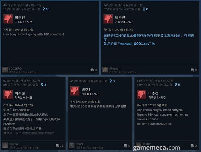 다수 부적적 의견으로는 소니에 대한 비판이다. (사진 출처: 게임 스팀 페이지)